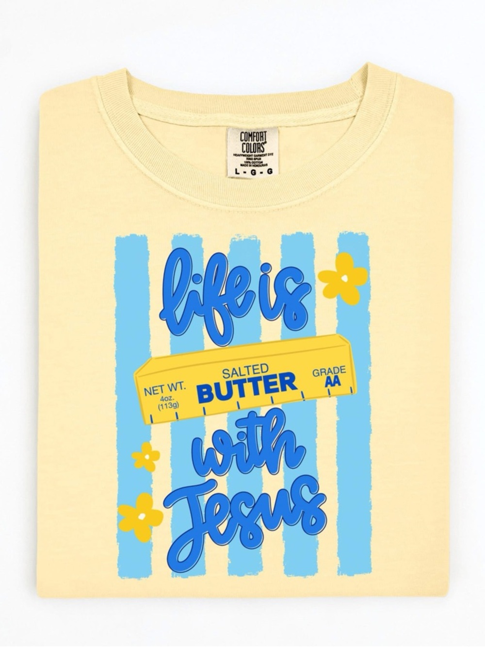Comfort Colors Pale Yellow Tee with Blue Faith Graphic
